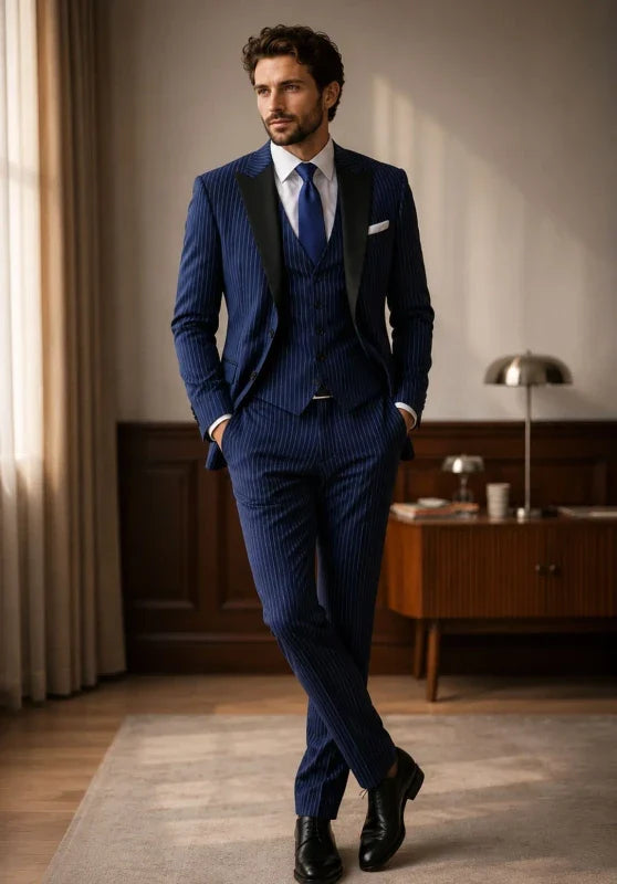 Costume Trois Pièces Homme Coupe Slim à Rayures avec Col Contrastant et Gilet Assorti