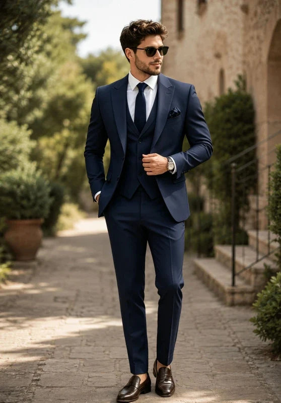 Heren driedelig pak met slim fit, met contrasterende revers en een gilet met knopen