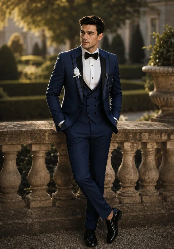 Costume Trois Pièces Homme Coupe Slim avec Col Peak et Gilet Croisé