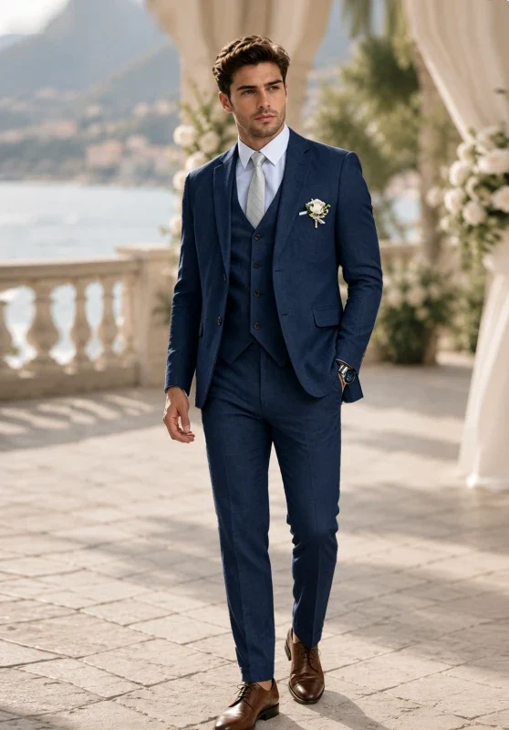 Costume Trois Pièces Homme Coupe Regular en Lin avec Col Notch et Gilet Boutonné