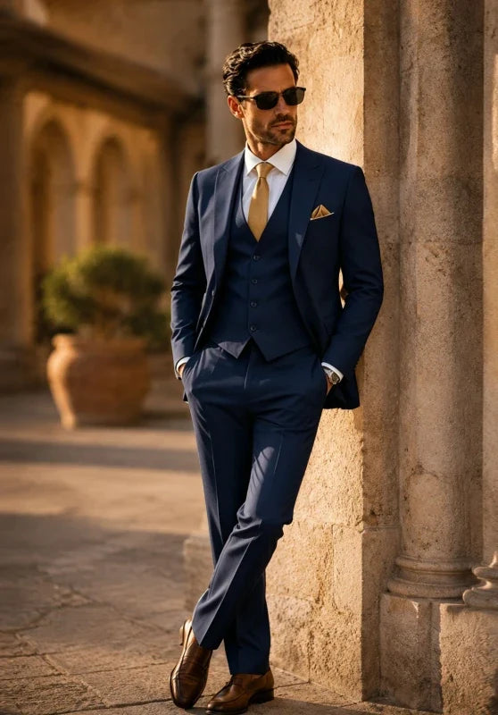 Costume Trois Pièces Homme Coupe Slim avec Col Notch et Gilet Col V