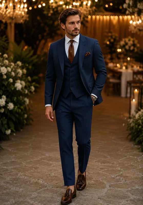 Costume Trois Pièces Homme Coupe Slim avec Col Châle et Gilet Boutonné