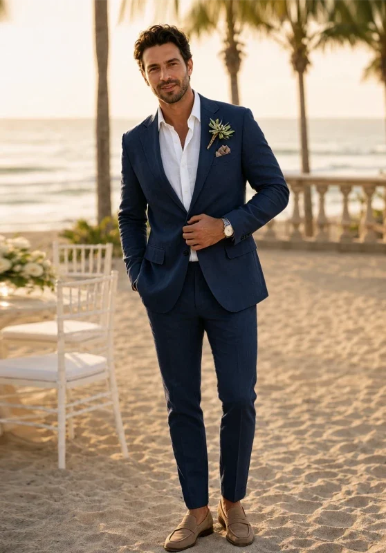 Traje de dos piezas para hombre de corte slim en lino, con solapas de muesca y bolsillos con solapa