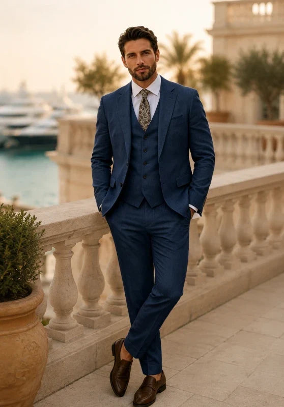 Costume Trois Pièces Homme Coupe Ajustée en Lin avec Col Notch et Veste à Fentes