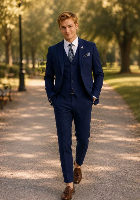 Costume Trois Pièces Homme Coupe Slim avec Col Notch et Gilet Cinq Boutons