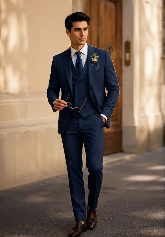 Costume Trois Pièces Homme Coupe Slim avec Gilet Croisé et Poches à Rabat