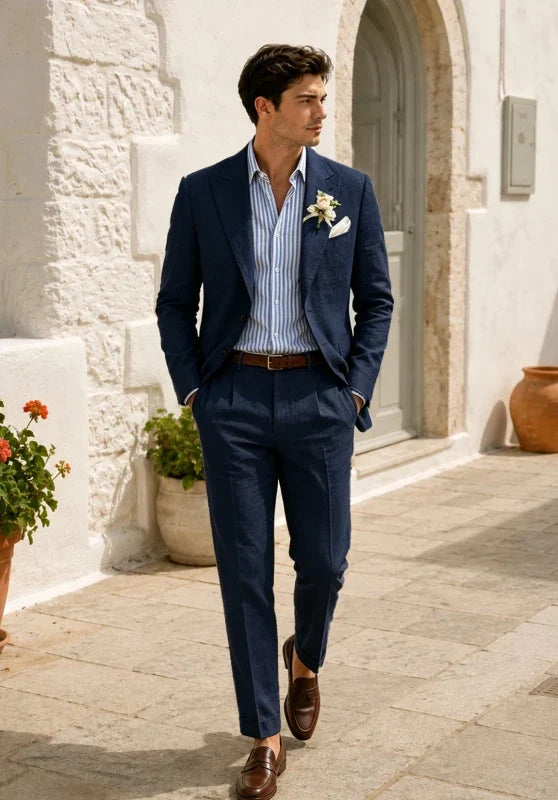 Costume Deux Pièces Homme Coupe Slim en Lin avec Col Peak et Poches Plaquées