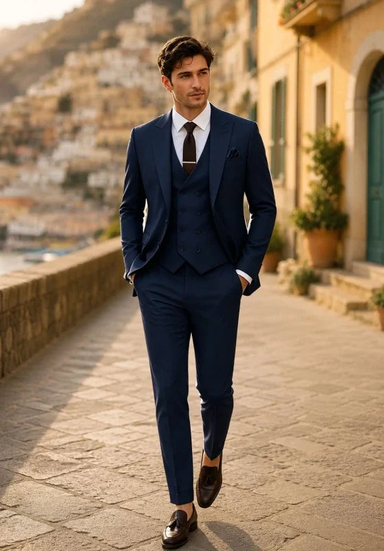 Costume Trois Pièces Homme Coupe Slim avec Col Peak et Gilet Croisé