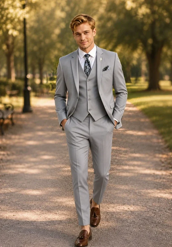 Costume Trois Pièces Homme Coupe Slim avec Col Notch et Gilet Cinq Boutons