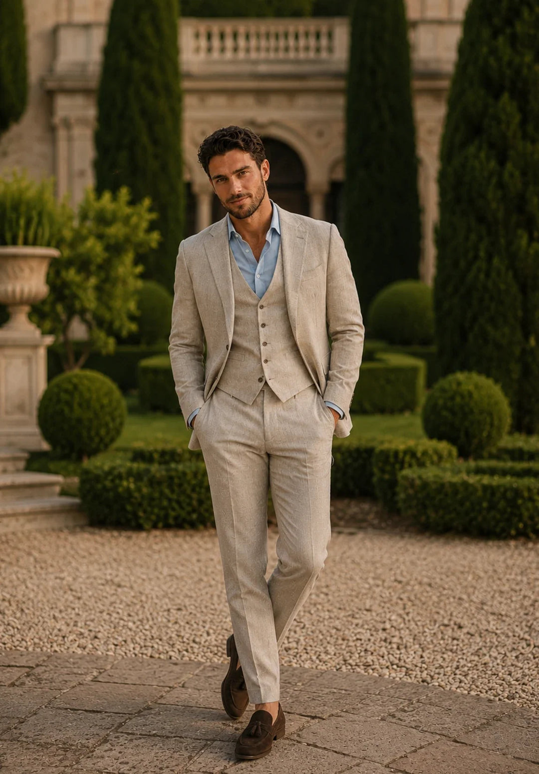 Costume Trois Pièces Homme Coupe Regular en Lin avec Col Notch et Gilet Six Boutons