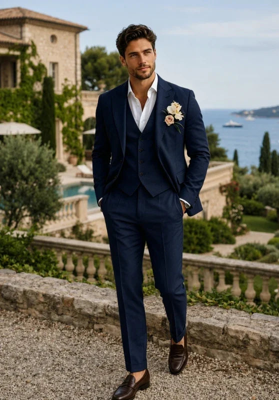 Costume Trois Pièces Homme en Lin avec Col Notch et Gilet Assorti