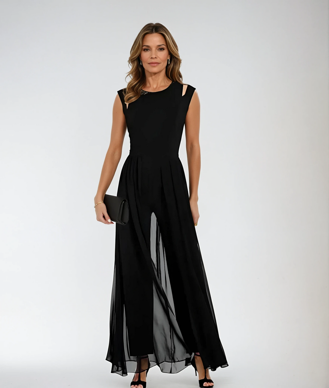Femme portant une combinaison longue noire sans manches, au design élégant et fluide. Le haut ajusté met en valeur la silhouette, tandis que le pantalon large est recouvert d’un tissu léger et transparent qui descend jusqu’aux chevilles. Elle tient une pochette noire et porte des sandales à talons, créant une allure sophistiquée parfaite pour les soirées d’été ou les événements formels.