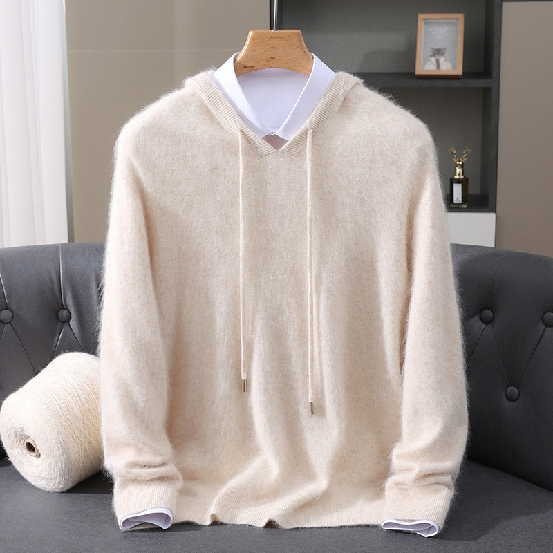 Men's Cashmere Hooded Sweater with Ribbed Cuffs and Drawstring