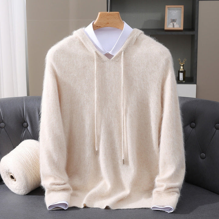 Men's Cashmere Hooded Sweater with Ribbed Cuffs and Drawstring