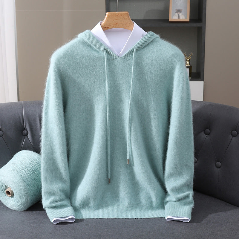 Men's Cashmere Hooded Sweater with Ribbed Cuffs and Drawstring