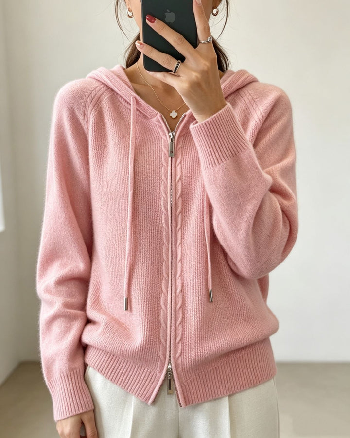 Cardigan donna in maglia con cappuccio – con zip e bordi a coste