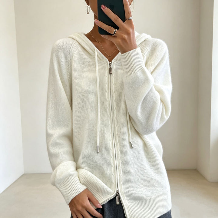 Cardigan donna in maglia con cappuccio – con zip e bordi a coste