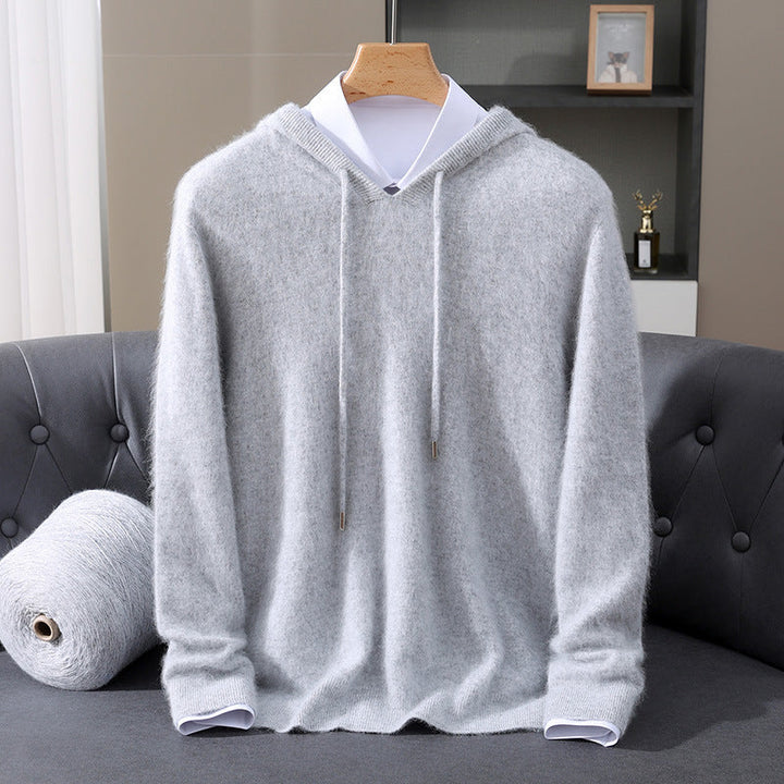 Men's Cashmere Hooded Sweater with Ribbed Cuffs and Drawstring