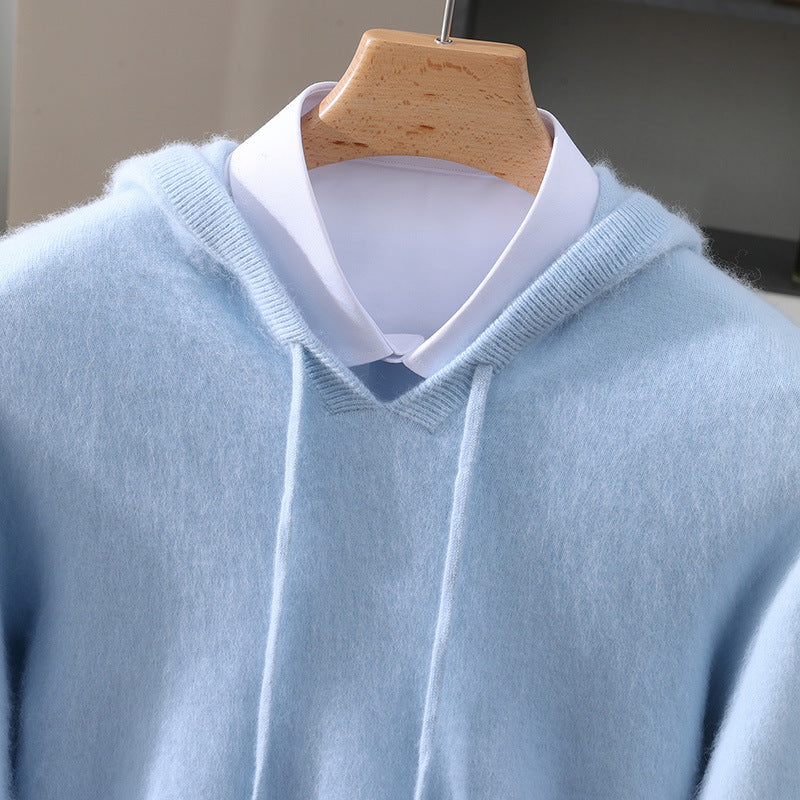 Men's Cashmere Hooded Sweater with Ribbed Cuffs and Drawstring
