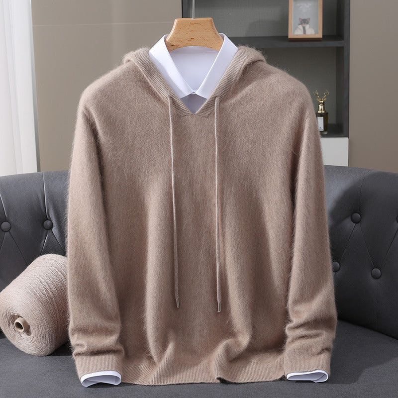 Men's Cashmere Hooded Sweater with Ribbed Cuffs and Drawstring