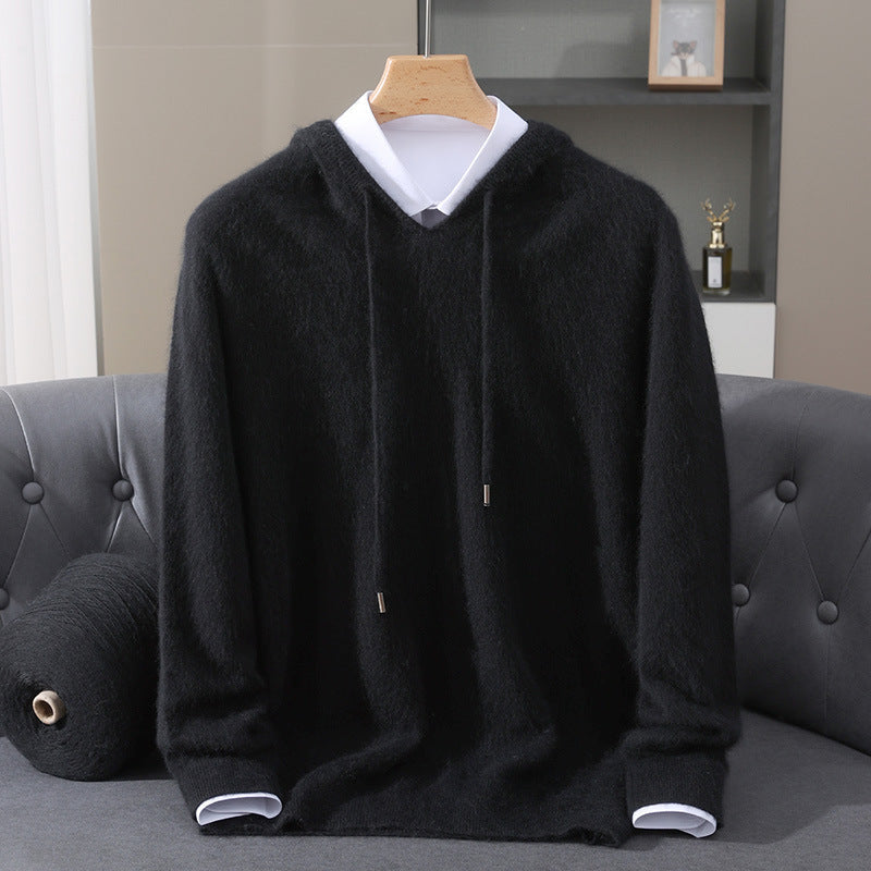 Men's Cashmere Hooded Sweater with Ribbed Cuffs and Drawstring