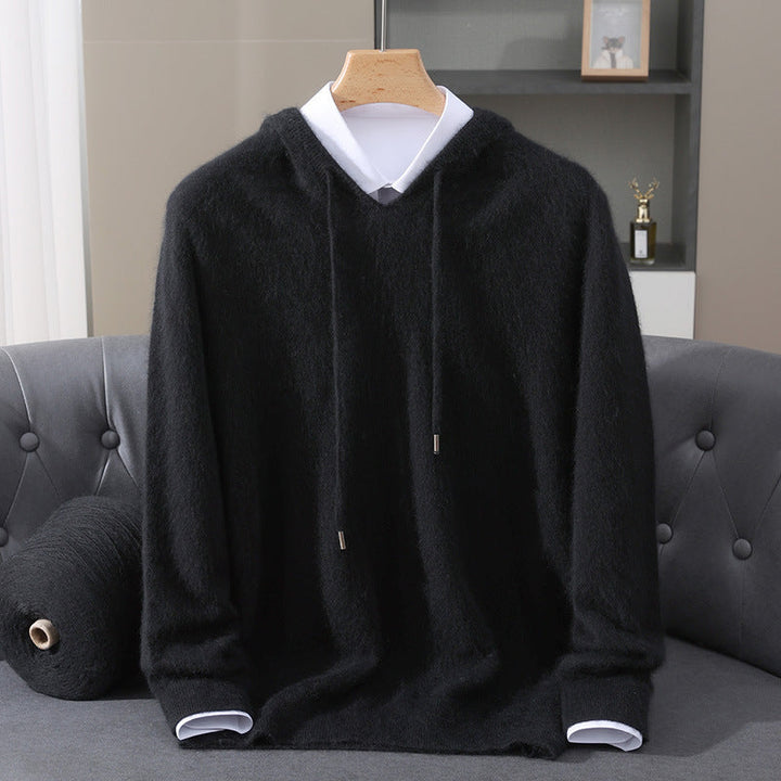 Men's Cashmere Hooded Sweater with Ribbed Cuffs and Drawstring