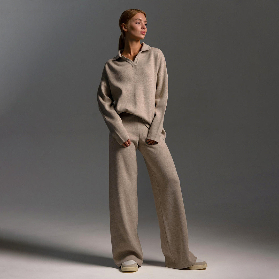 Ensemble Femme Pull en Maille Col Polo et Pantalon Large