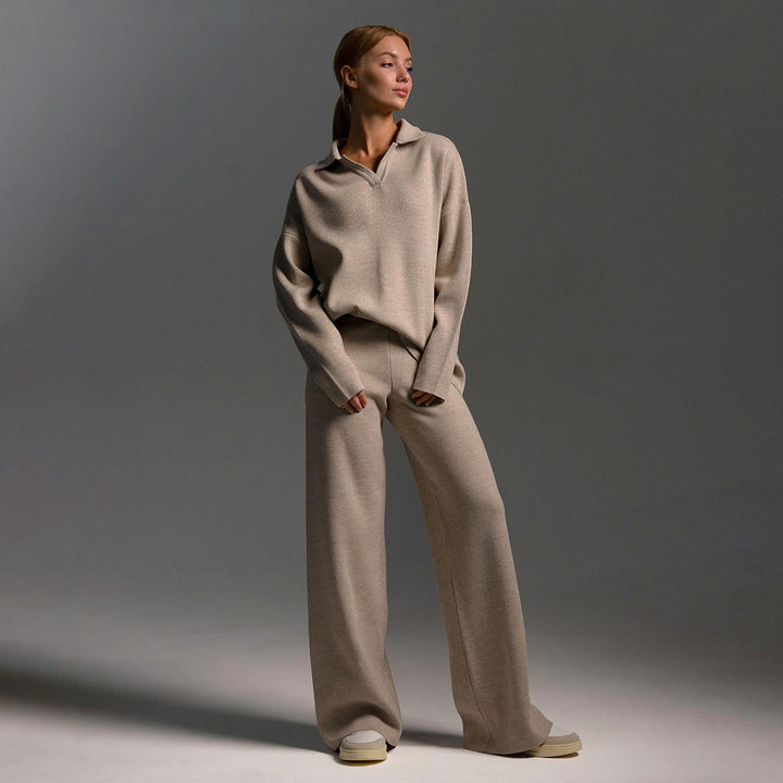 Ensemble Femme Pull en Maille Col Polo et Pantalon Large