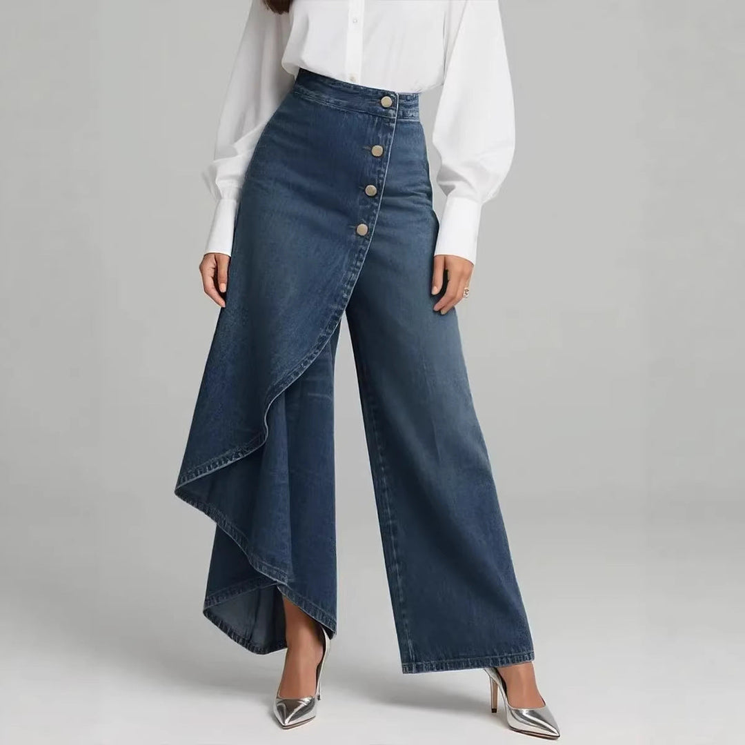 Pantaloni donna in denim ampi - vita alta e orlo asimmetrico con volant