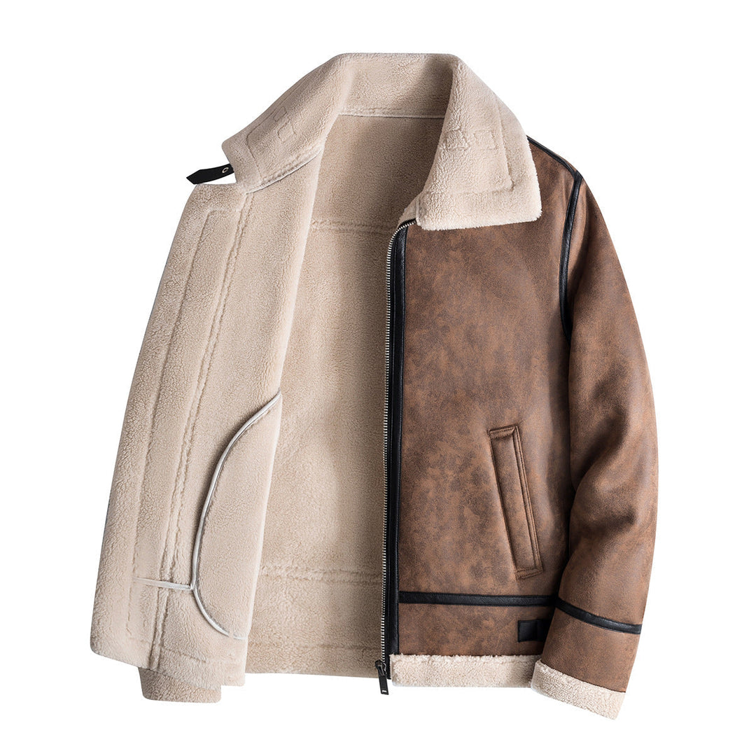 Men's Genuine Lambskin Leather Jacket with Faux Fur Collar