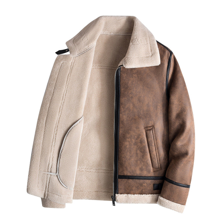 Men's Genuine Lambskin Leather Jacket with Faux Fur Collar