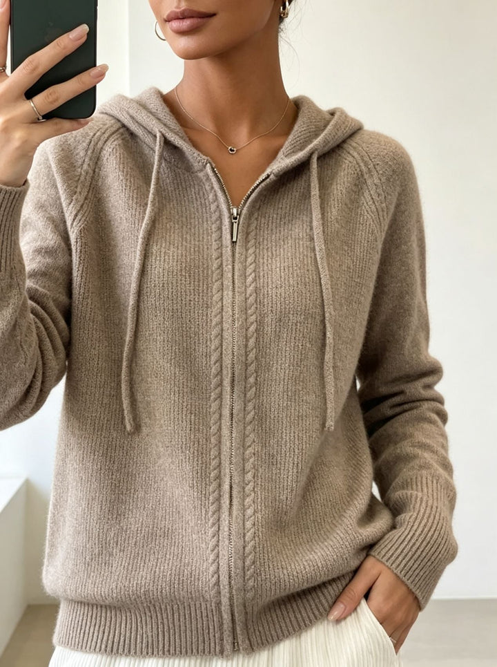 Cardigan donna in maglia con cappuccio – con zip e bordi a coste