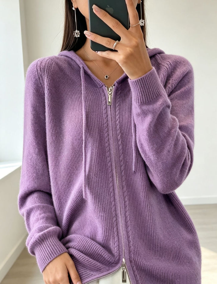 Cardigan donna in maglia con cappuccio – con zip e bordi a coste