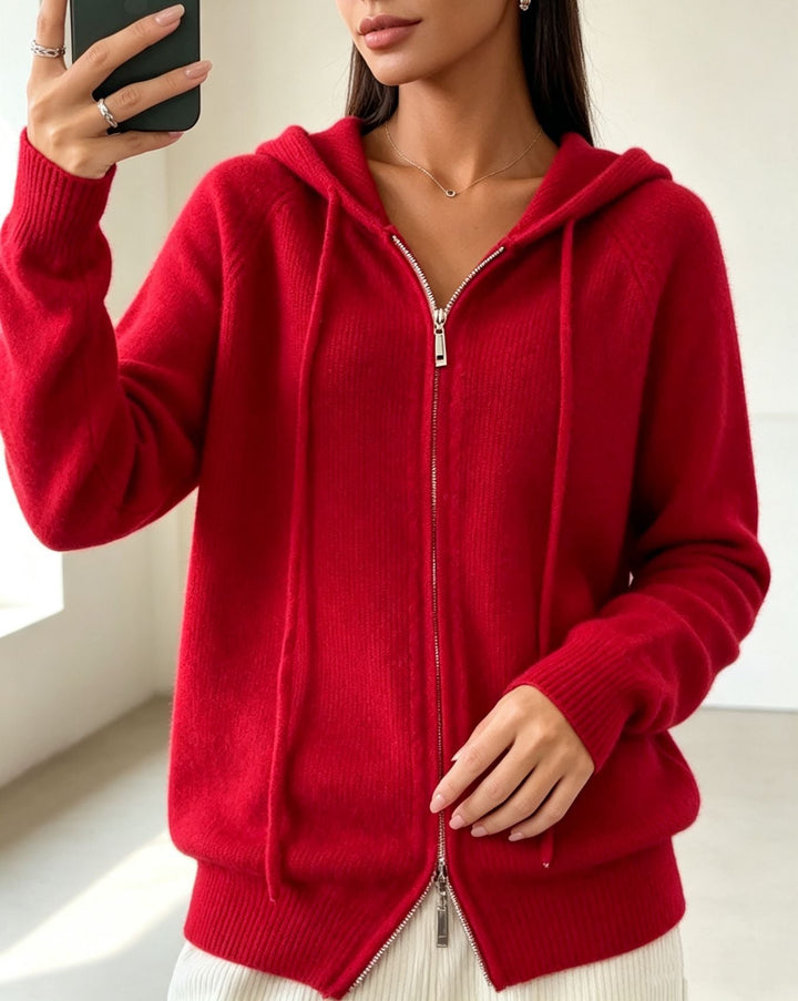 Cardigan donna in maglia con cappuccio – con zip e bordi a coste