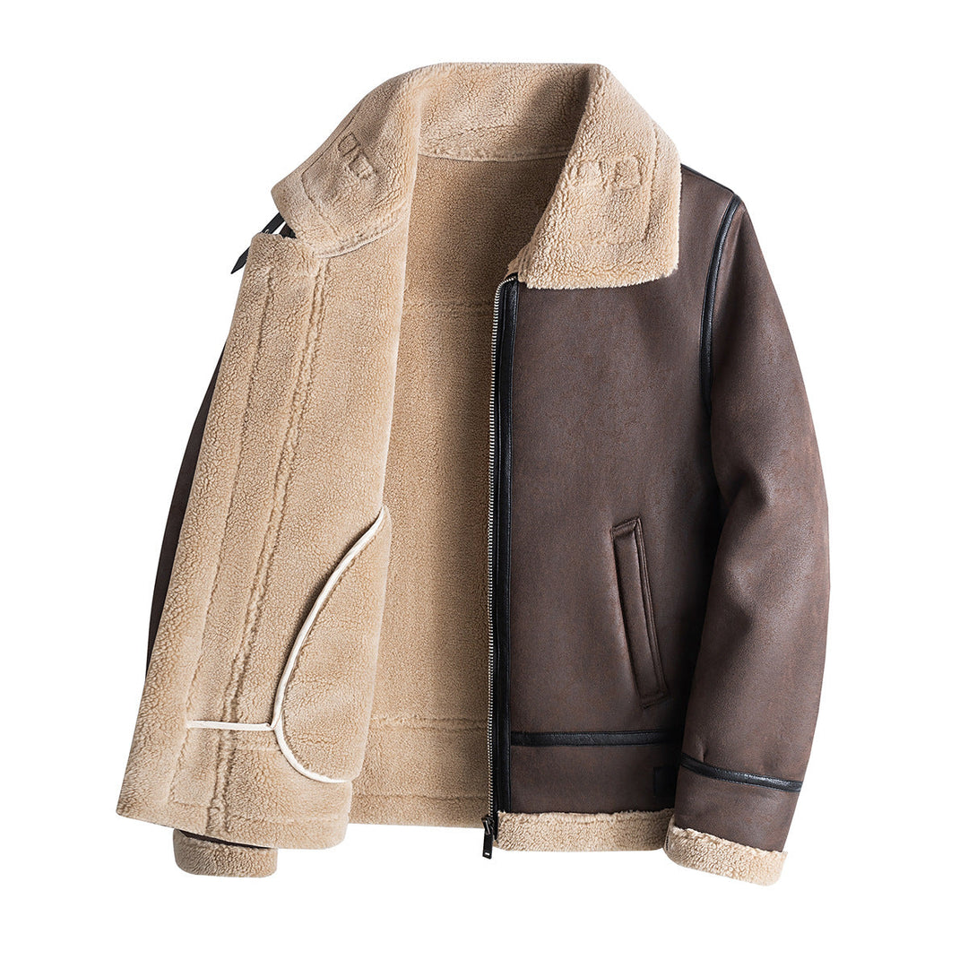 Men's Genuine Lambskin Leather Jacket with Faux Fur Collar