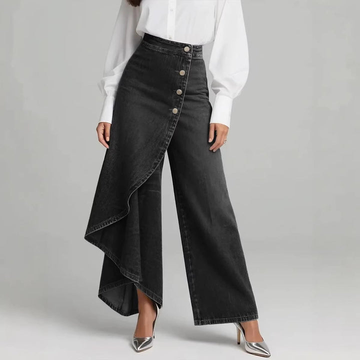 Pantaloni donna in denim ampi - vita alta e orlo asimmetrico con volant