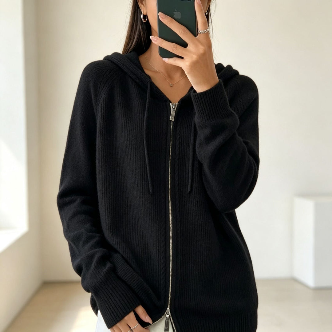 Cardigan donna in maglia con cappuccio – con zip e bordi a coste