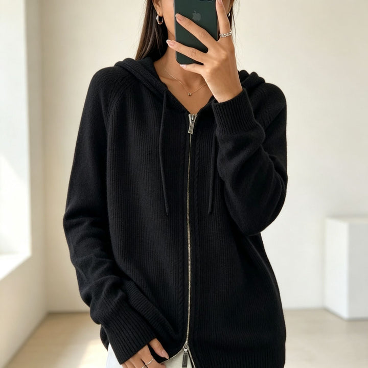 Cardigan donna in maglia con cappuccio – con zip e bordi a coste