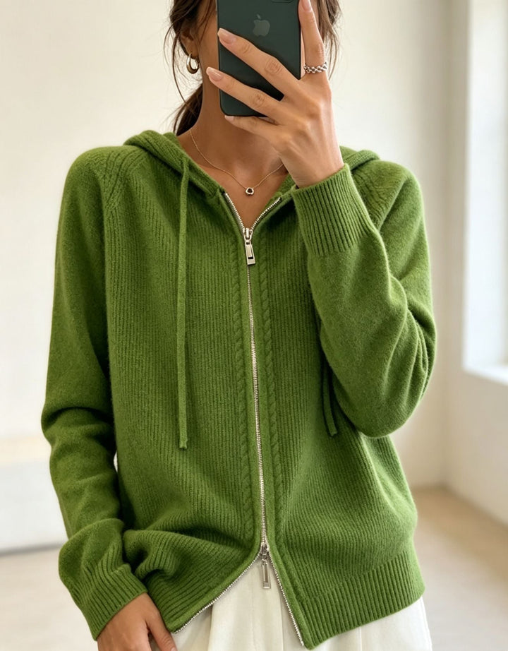 Cardigan donna in maglia con cappuccio – con zip e bordi a coste