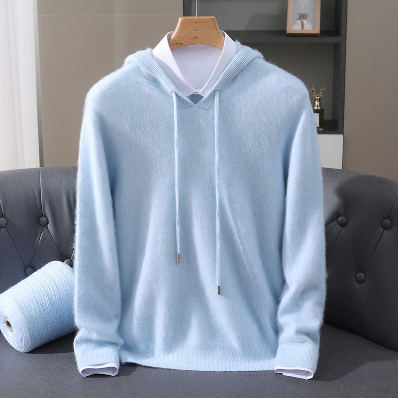 Men's Cashmere Hooded Sweater with Ribbed Cuffs and Drawstring