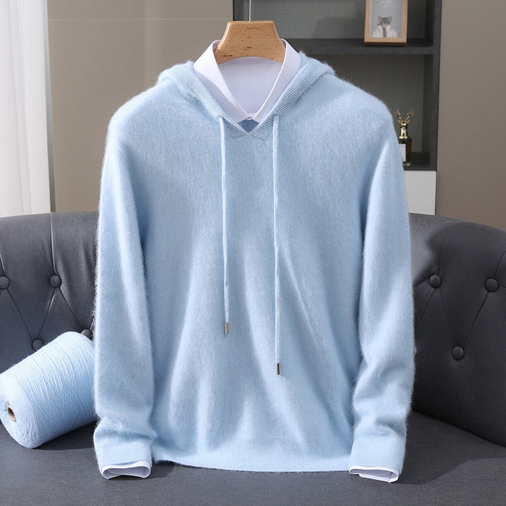 Men's Cashmere Hooded Sweater with Ribbed Cuffs and Drawstring