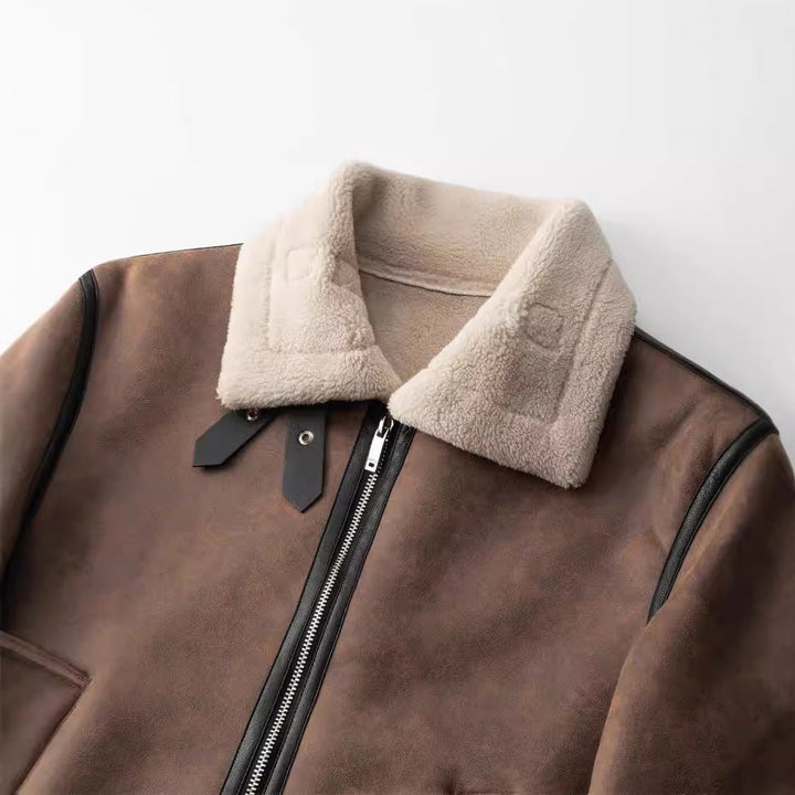 Men's Genuine Lambskin Leather Jacket with Faux Fur Collar