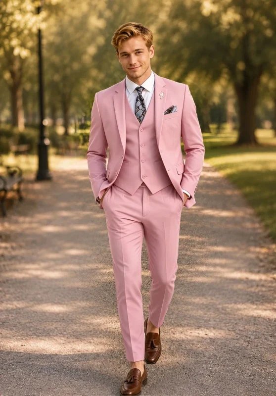 Costume Trois Pièces Homme Coupe Slim avec Col Notch et Gilet Cinq Boutons
