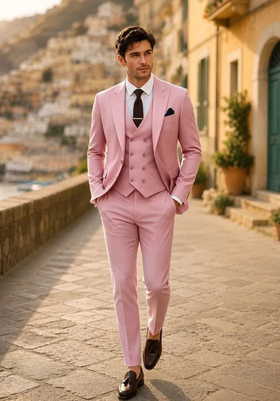 Costume Trois Pièces Homme Coupe Slim avec Col Peak et Gilet Croisé