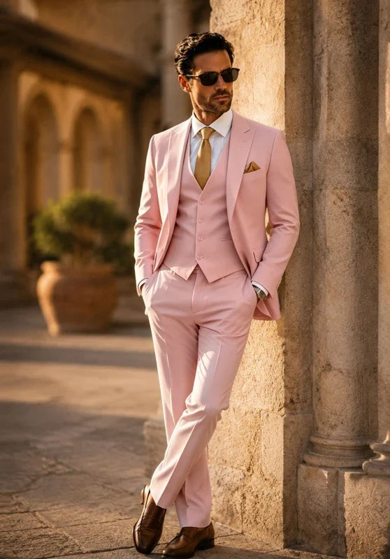 Costume Trois Pièces Homme Coupe Slim avec Col Notch et Gilet Col V
