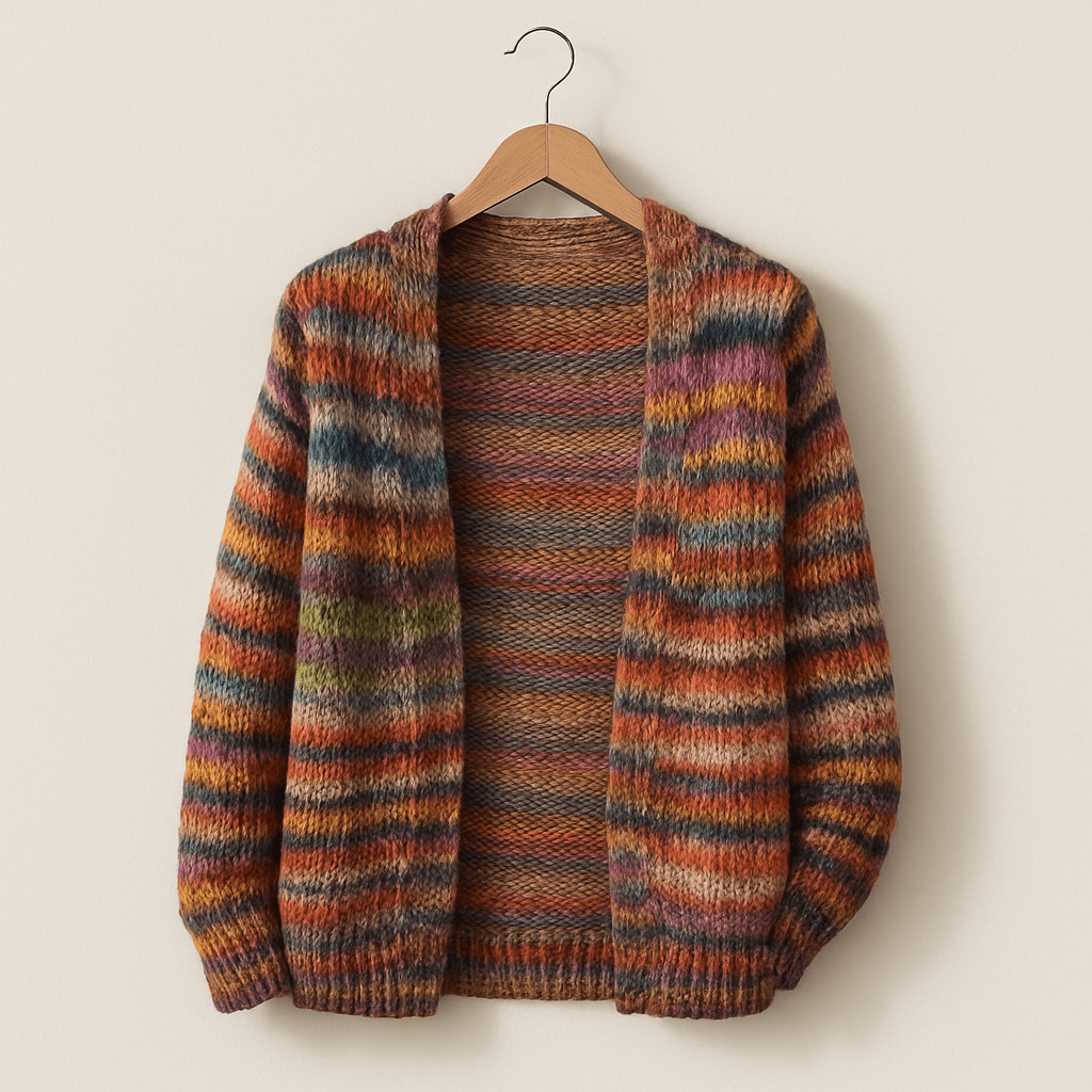 Cardigan en maille multicolore suspendu sur un cintre, présentant des rayures irrégulières dans des tons chauds tels que l’orange, le brun, le vert et le bleu. Le vêtement est photographié sur un fond neutre, mettant en valeur sa texture douce et ses couleurs vibrantes.