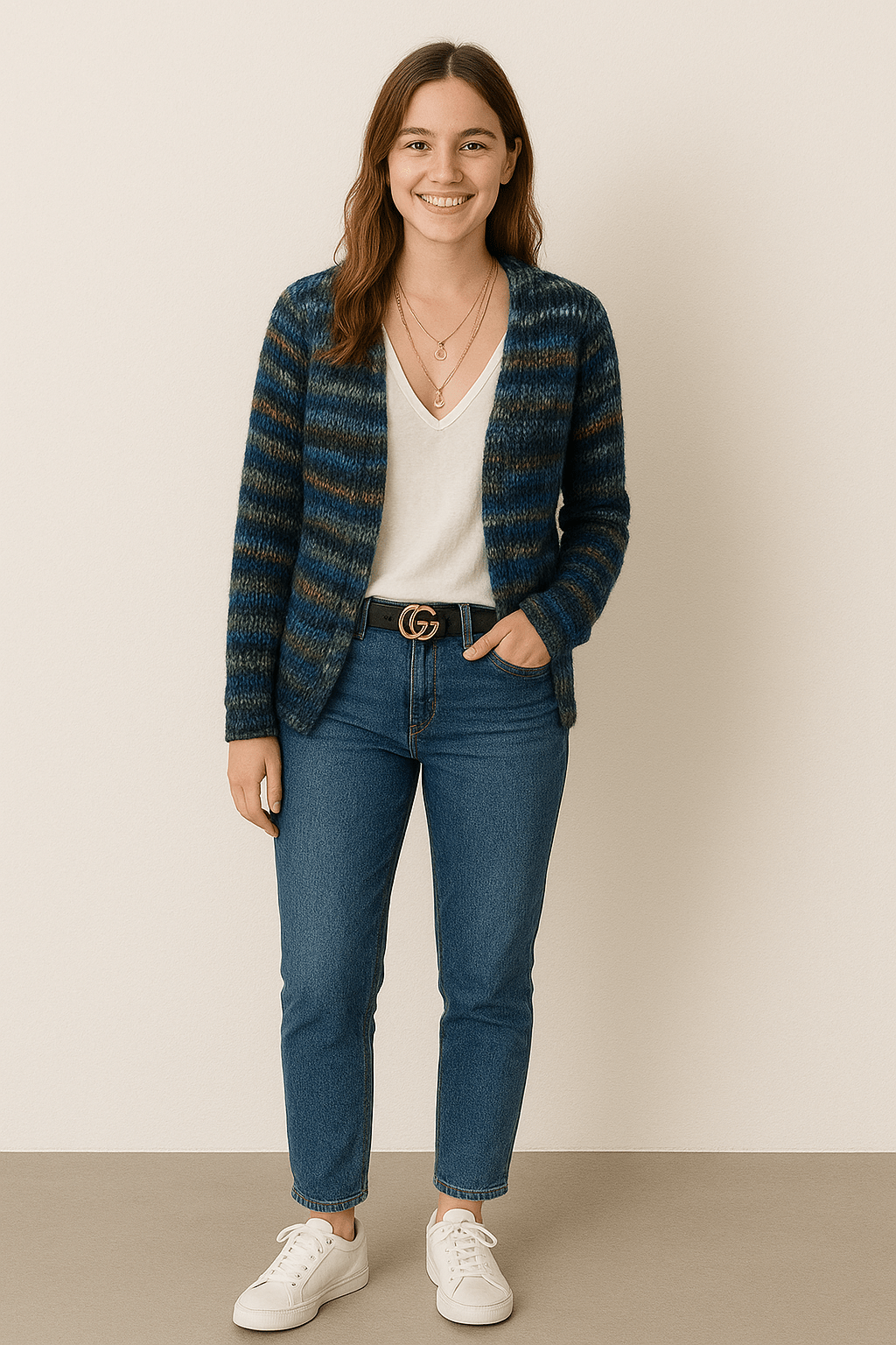 Femme portant un cardigan en maille multicolore dans des tons bleu et ocre, assorti à un haut blanc décolleté, un jean bleu et des baskets blanches. Elle porte des colliers superposés et pose debout dans un décor minimaliste, une main dans la poche.