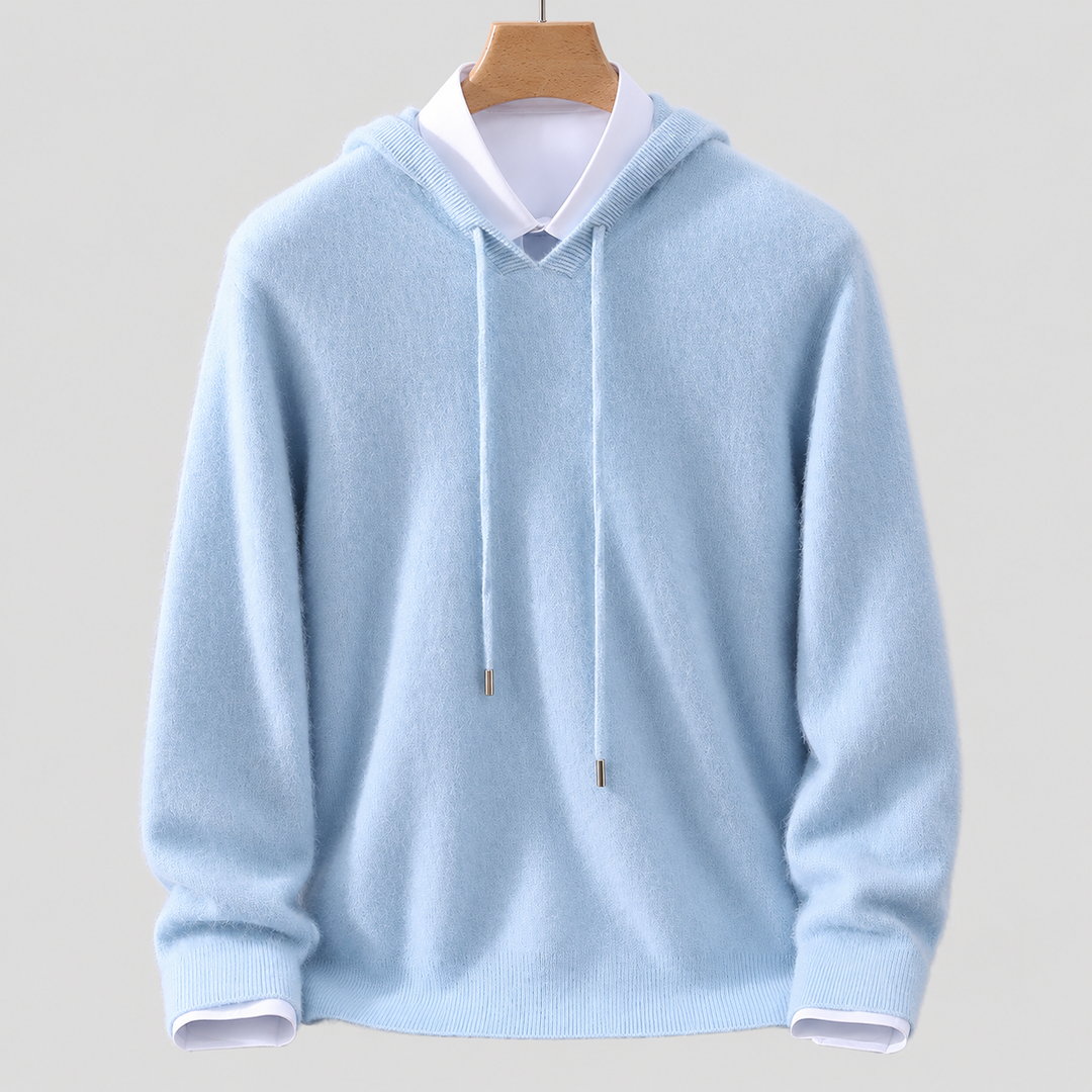 Men's Cashmere Hooded Sweater with Ribbed Cuffs and Drawstring