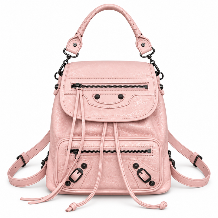 Women's Leather Backpack with Studs, Flap, and Zippered Pockets