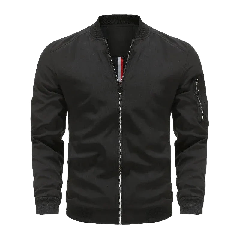 Veste bomber zippée homme Philippe moderne noire, col et poignets côtelés, fermeture éclair centrale et poche zippée sur la manche, présentée sur fond blanc.